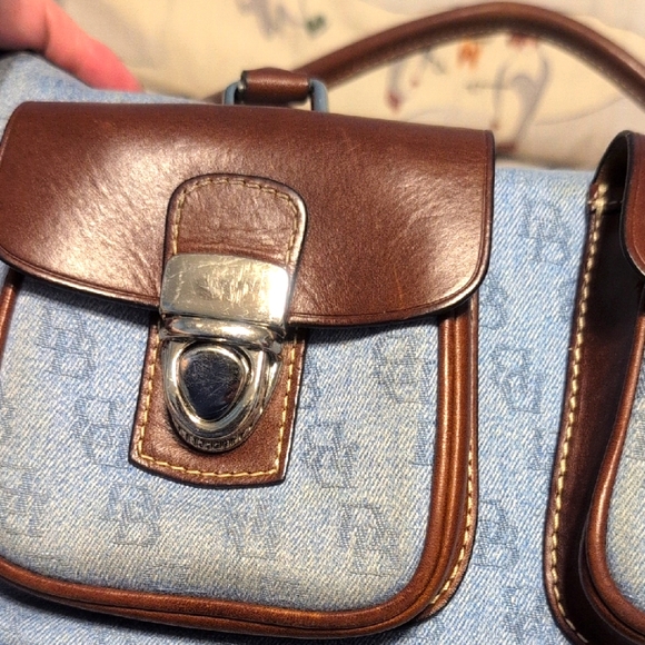 Dooney and Bourke Brown Leather and Denim Handbag EUC
